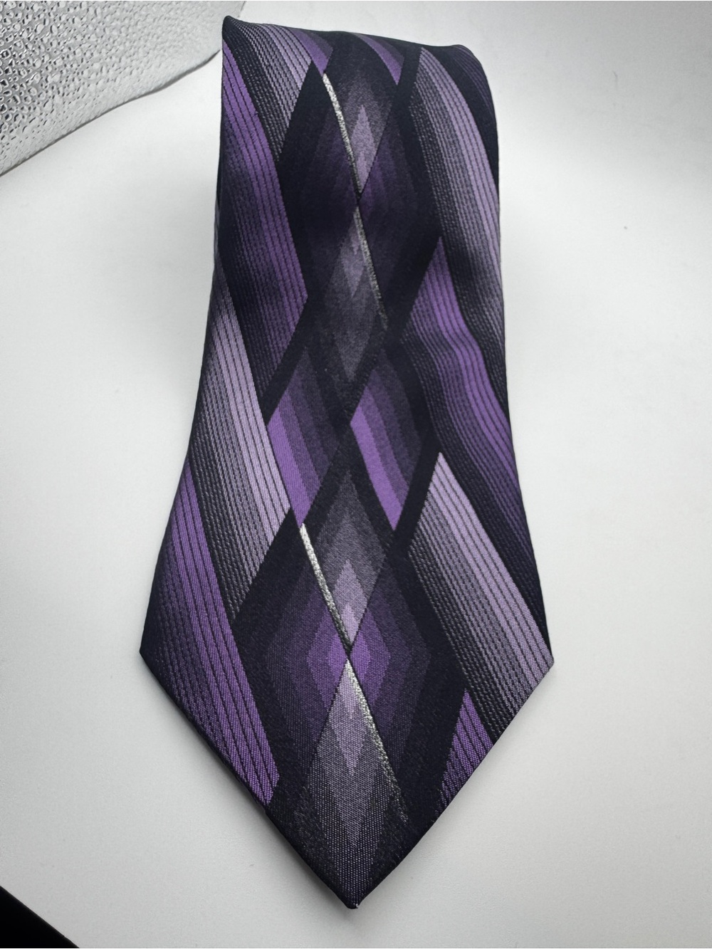 Pierre Cardin Tie Silk Mens Purple Grey Geometric Diamond Patchwork Retro 3.75